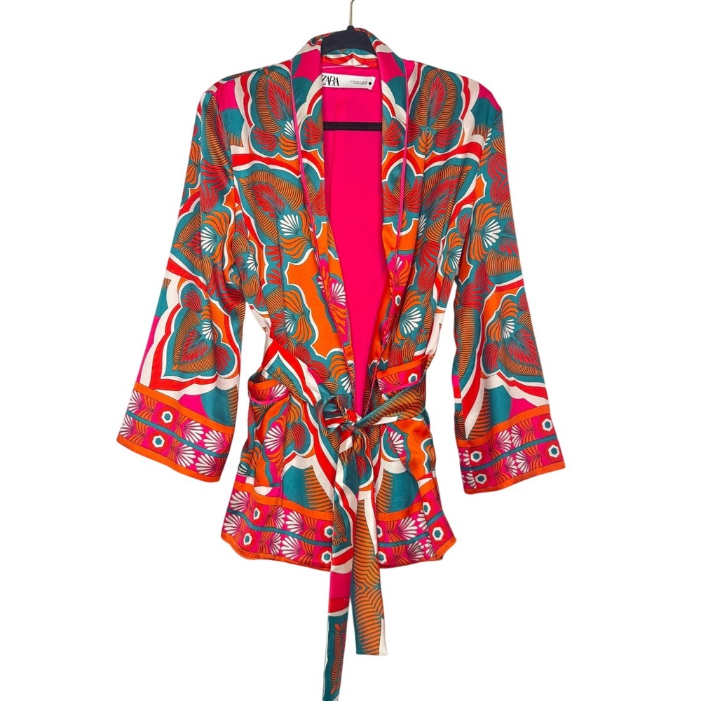 ZARA Tropical Print Belted Kimono Blazer Jacket  Boho Resort‎ Statement Top